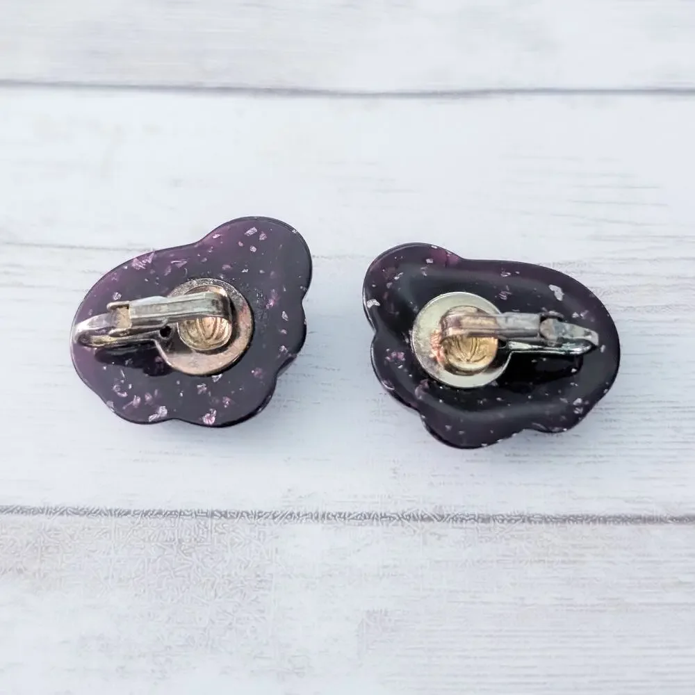 Vintage Clip On Earrings Retro Large Dark Purple Statement - Just Over 1 & 1/8